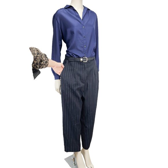 HIROKO VTG Designer Barrel Pinstripe Preppy Belted Ankle Office Pant Trousers 12 - Picture 1 of 8